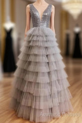 Ruffles Tulle V Neck Gray Sequin Long Evening Prom Dresses